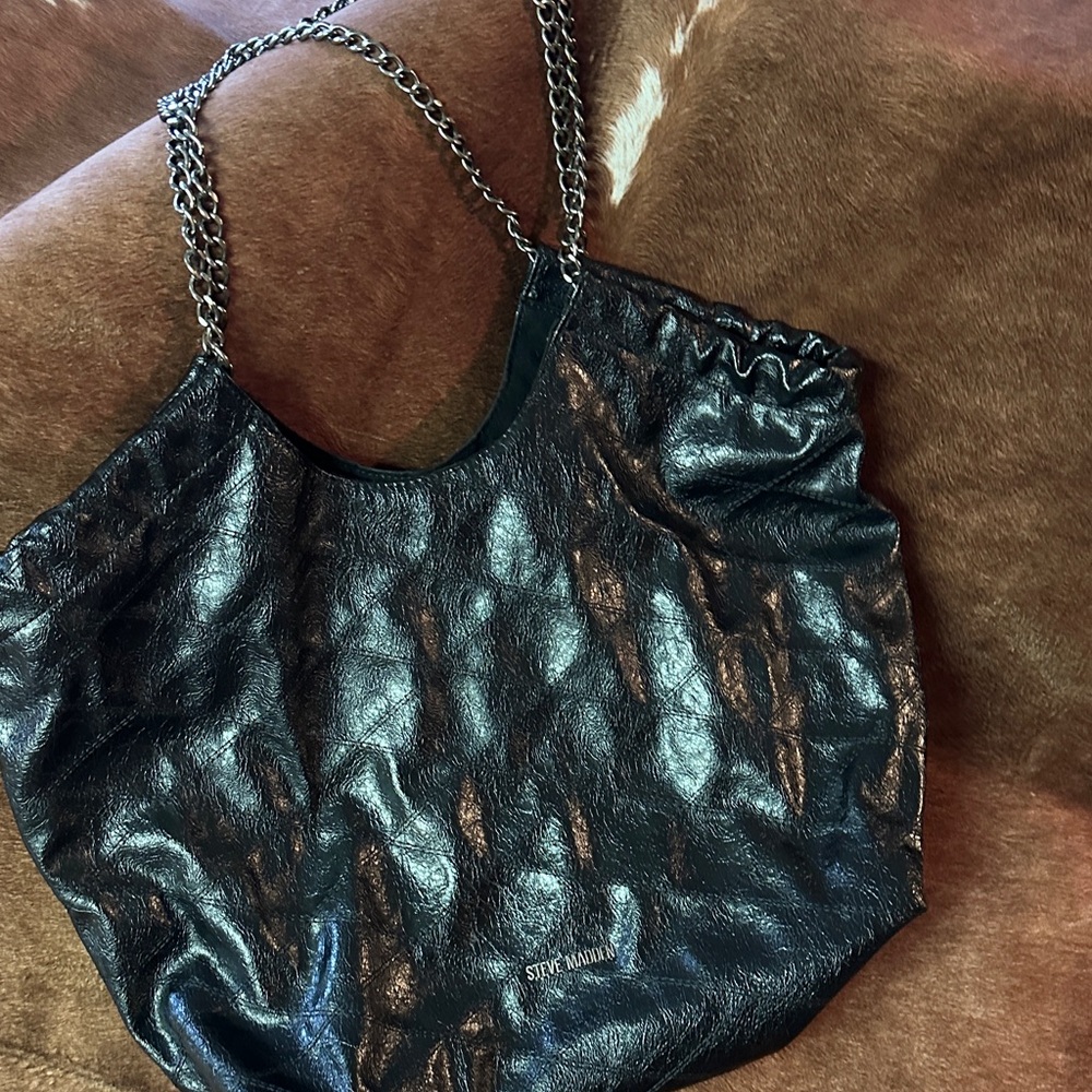 Steve Madden Shiny Black Tote with Chain Straps